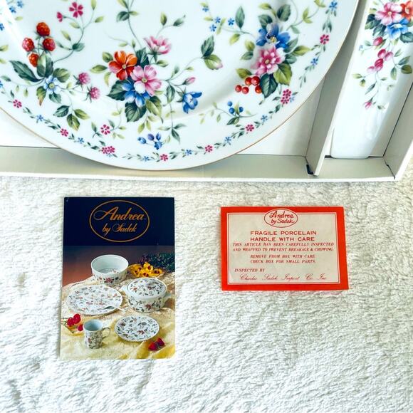 Vintage Andrea by Sadek Porcelain Berries & Flowers Cake Plate w/ Dessert Server - Picture 2 of 5